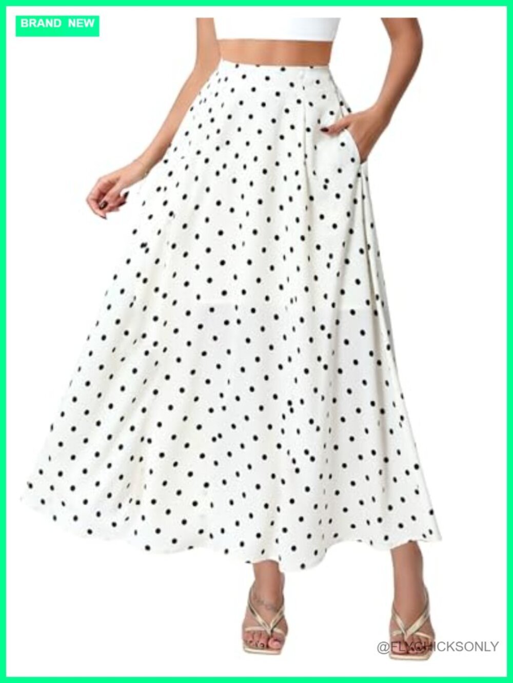 Polka Dot Flowy Maxi Skirt A-Line High Waisted Vintage with Pockets